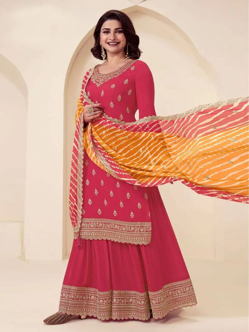 Red embroidered chinon semi-palazzo style salwar suit semi stitched