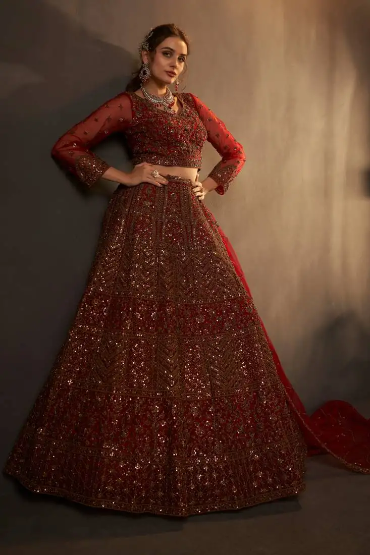 Beads cutdana handwork rustic maroon lehenga with unstitched blouse