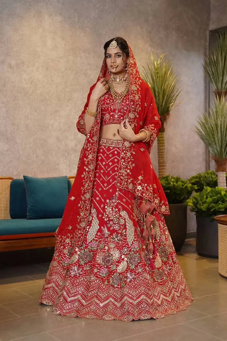 Double dupatta red bridal lehenga with unstitched blouse