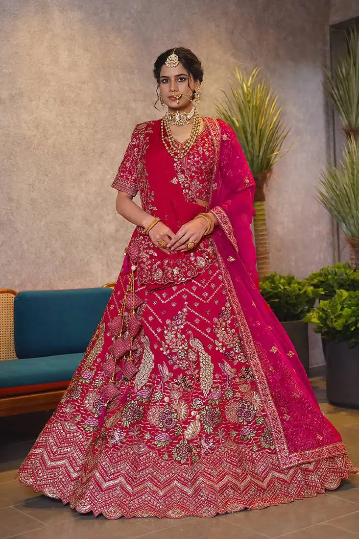 Double dupatta rani pink bridal lehenga with unstitched blouse