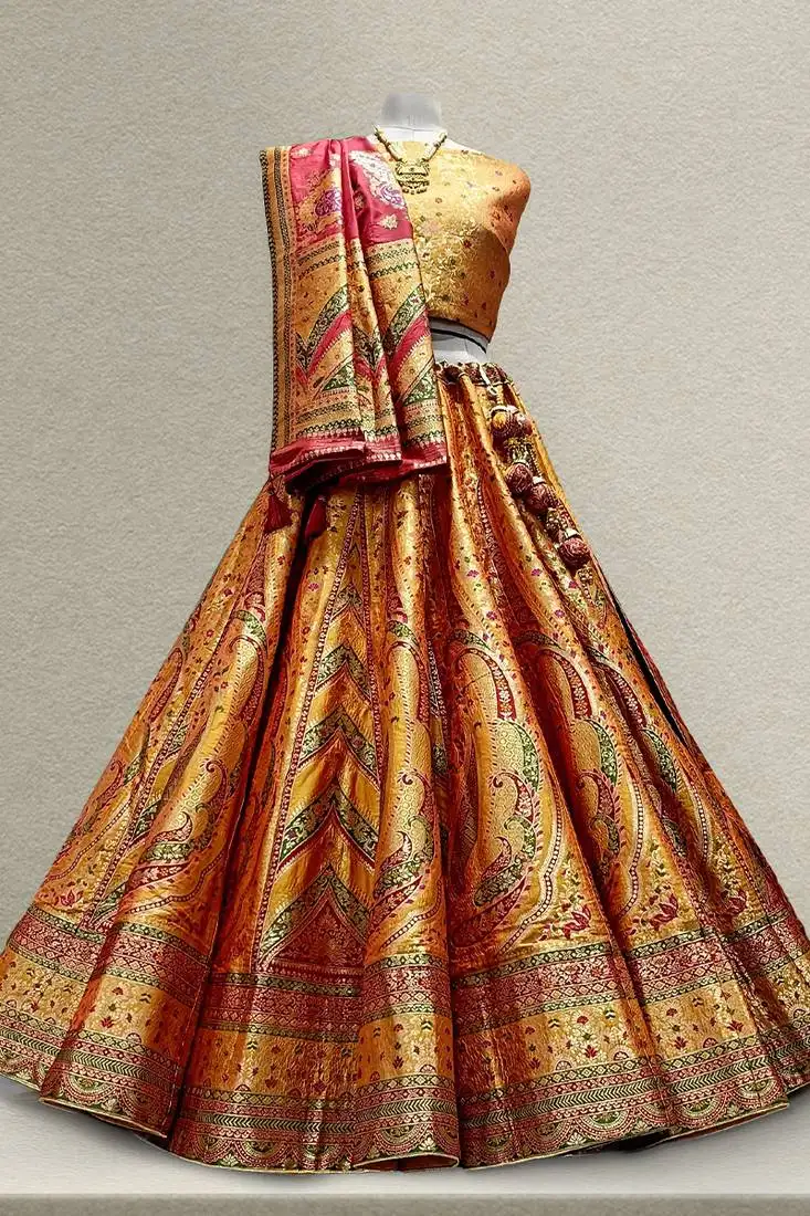 Mustard flared banarasi woven lehenga with double can can