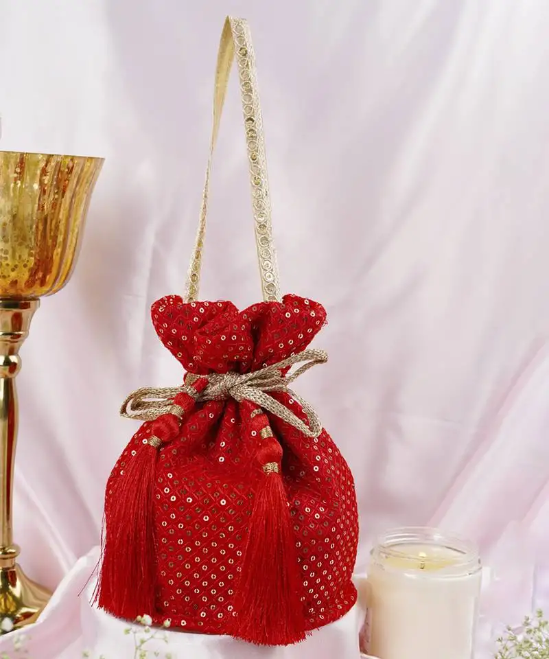 Red georgette with sequin potli bag