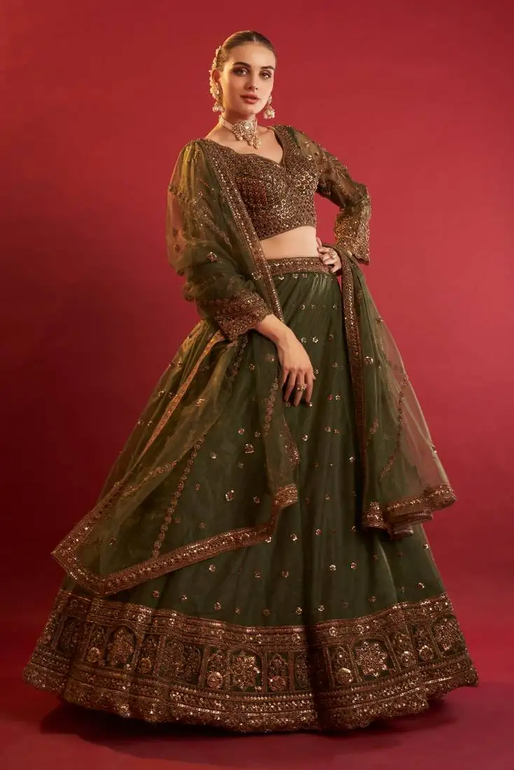 Green ready to wear cutdana beads handwork lehenga choli