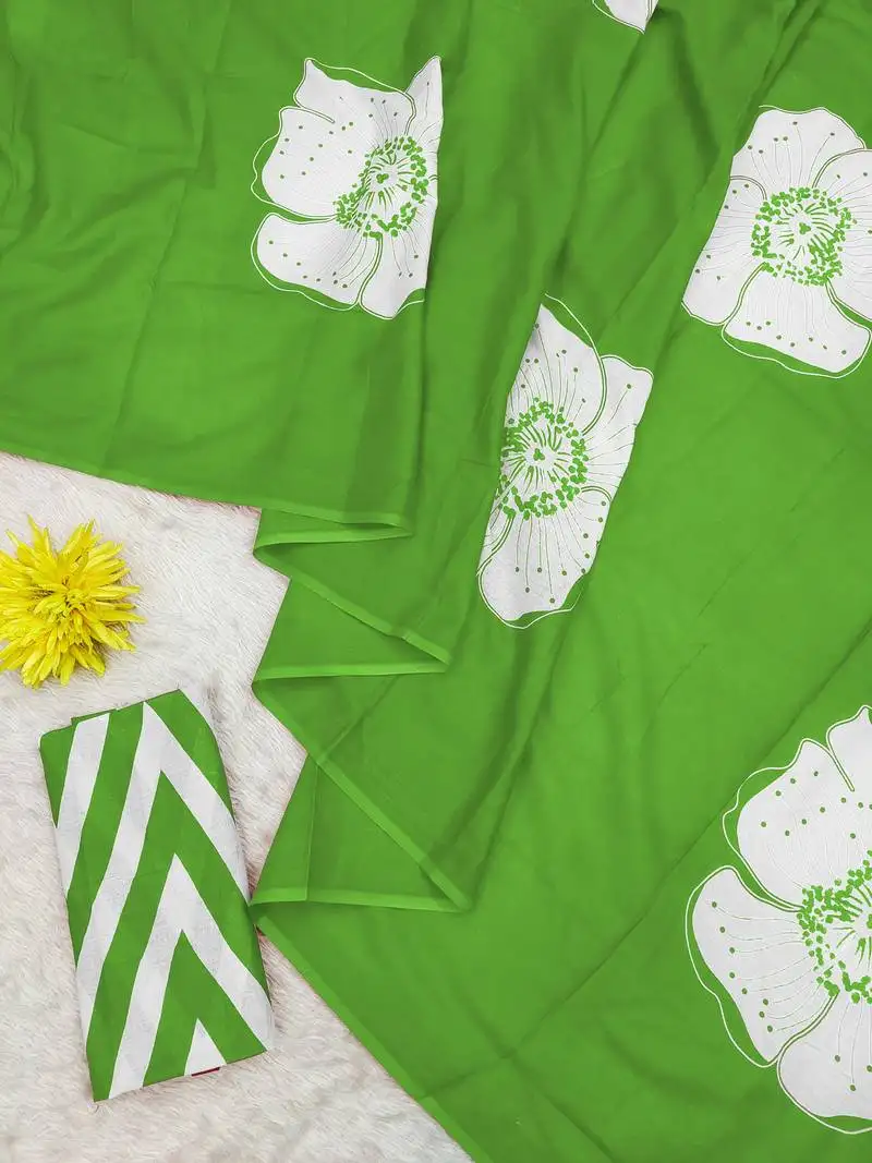 Green mulmul cotton block print saree with unstitched blouse piece