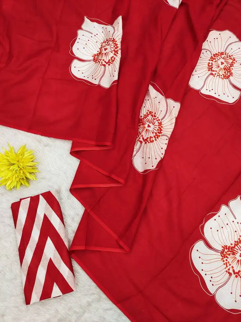 Red mulmul cotton block print saree with unstitched blouse piece