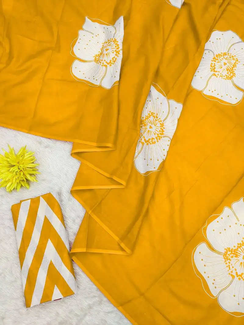 Yellow mulmul cotton block print saree with unstitched blouse piece