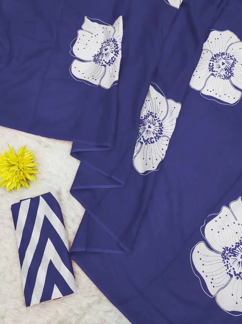 Blue mulmul cotton block print saree with unstitched blouse piece