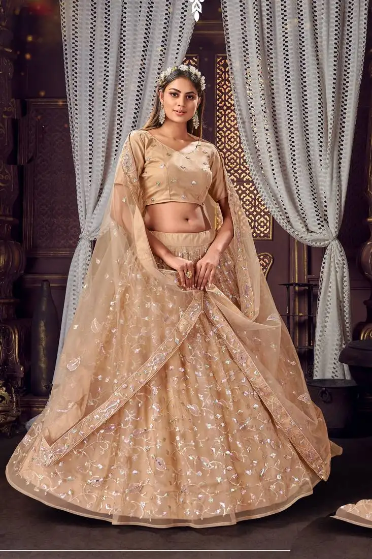 Beige embroidered stone work net lehenga choli