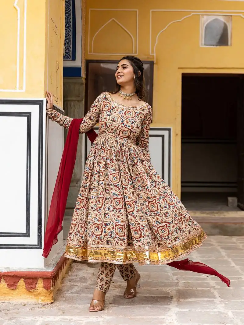 Kalamkari hand block pure cotton gota work anarkali suit set