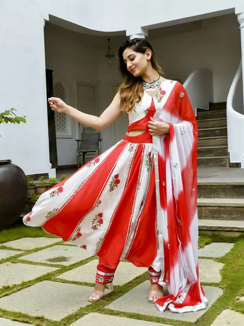 Chandni hand block gotta patti cotton anarkali suit set