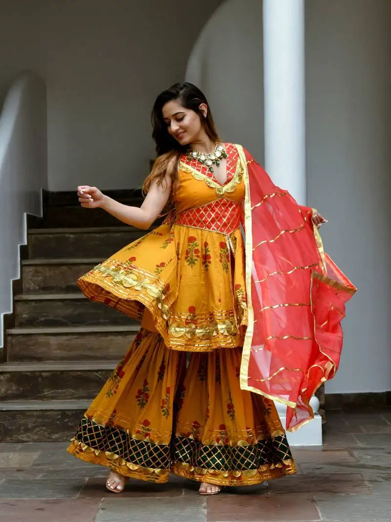 Noorjahan hand block gotta patti cotton sharara suit set