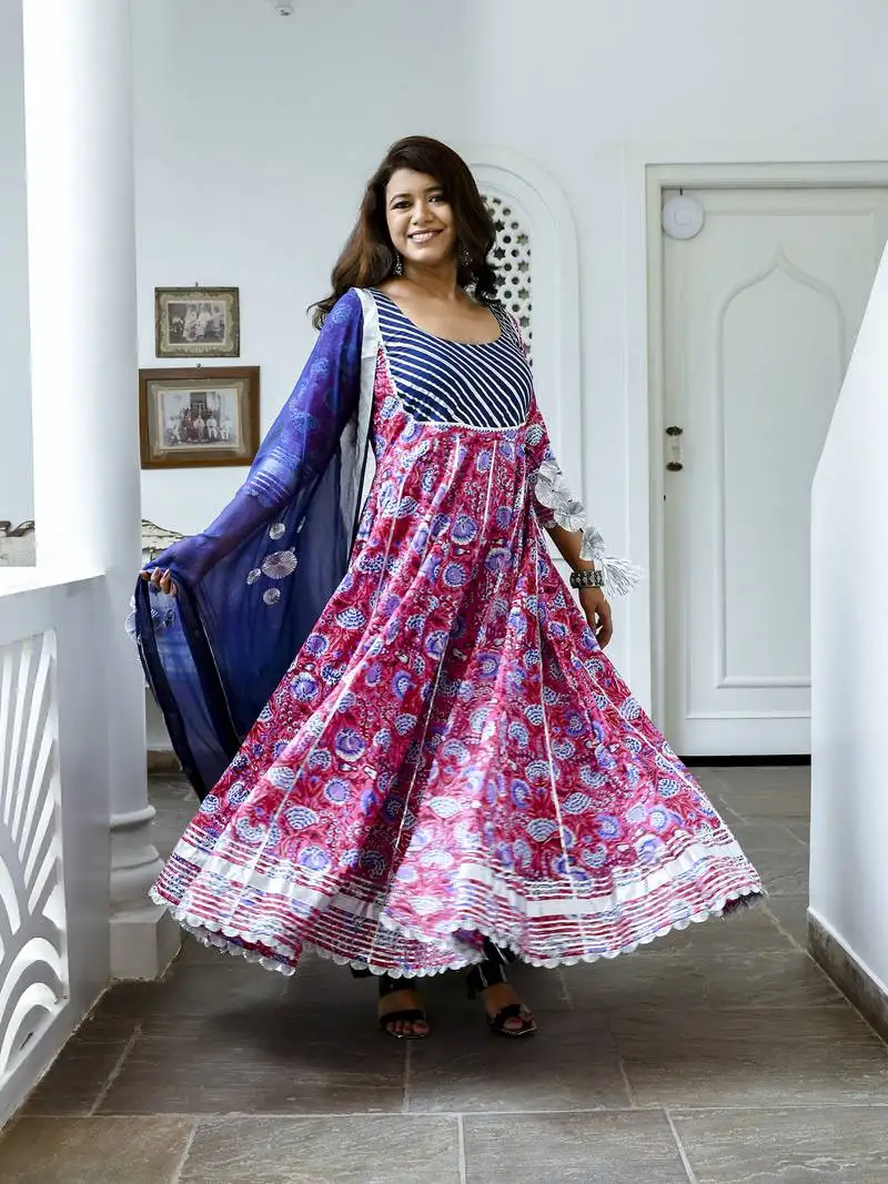 Saanvi hand block gotta patti cotton anarkali suit set
