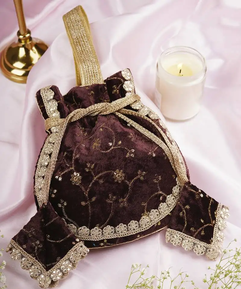 Brown velvet with embroidery potli bag