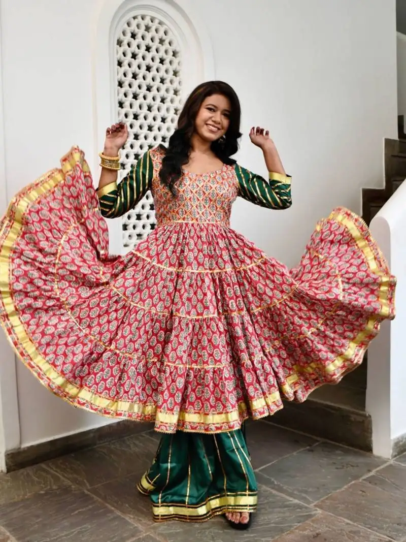 Gul bahar hand block gotta patti cotton anarkali suit set