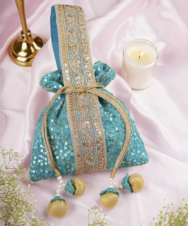 Teal organza with sequin potli bag