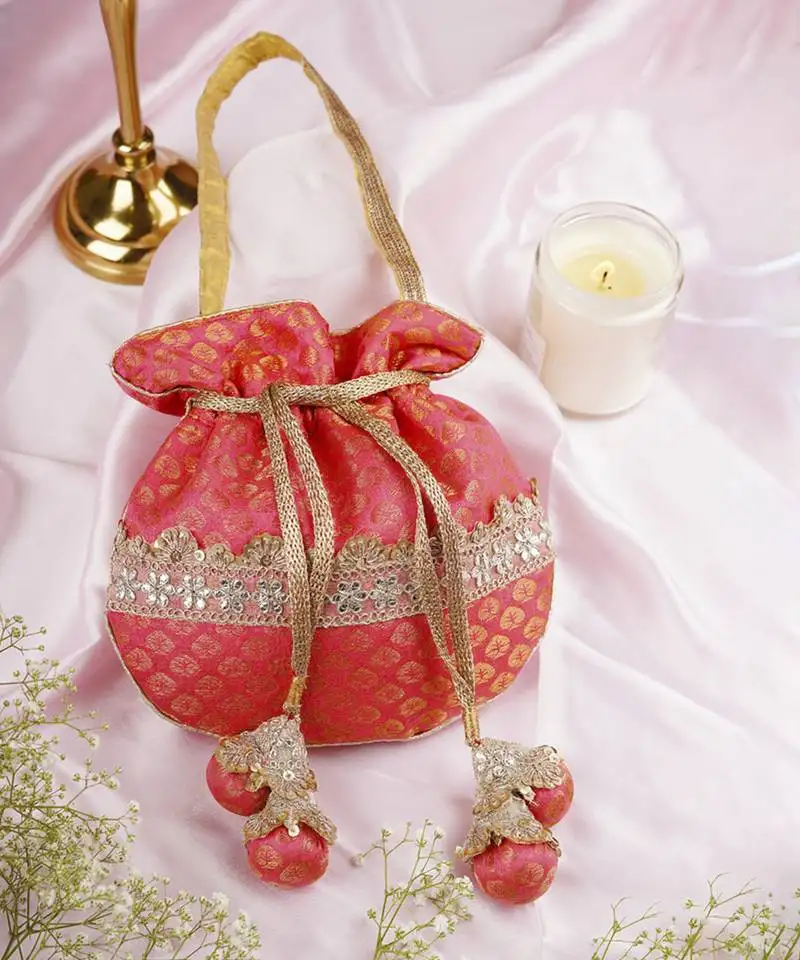 Pink chanderi potli bag