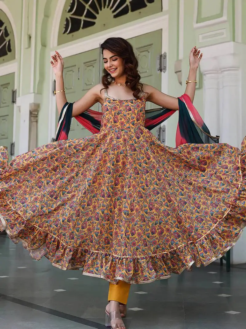 Paisley-yellow-chanderi-anarkali-suit-set