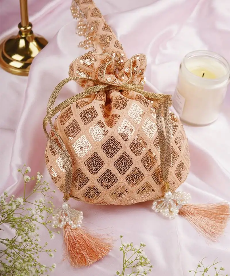 Peach georgette with sequin potli bag