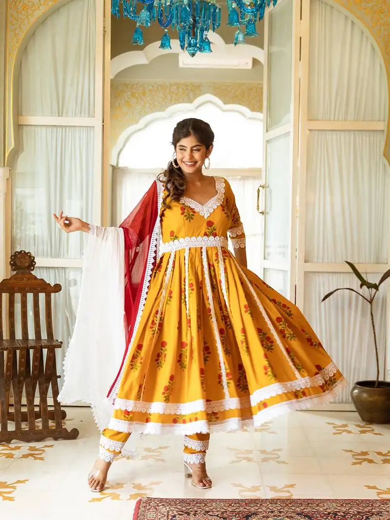 Yellow-mugal-hand-block-cotton-suit-set