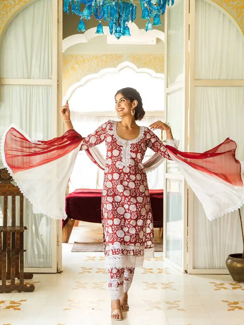 Red-floral-hand-block-pure-cotton-suit-set