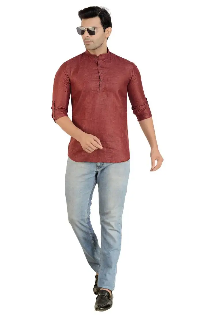 Maroon linen plain full sleeve short kurta for mens