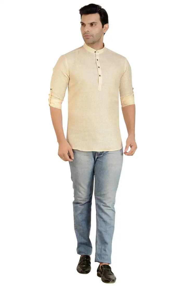 Yellow linen plain full sleeve short kurta for mens