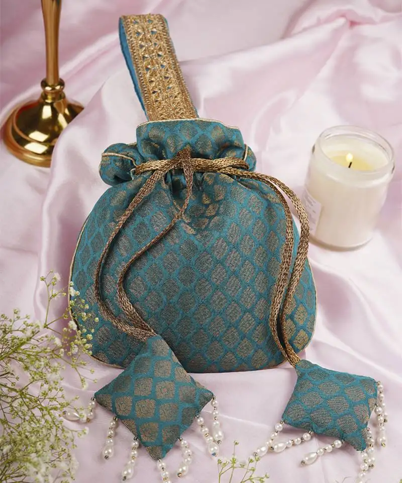 Teal chanderi potli bag
