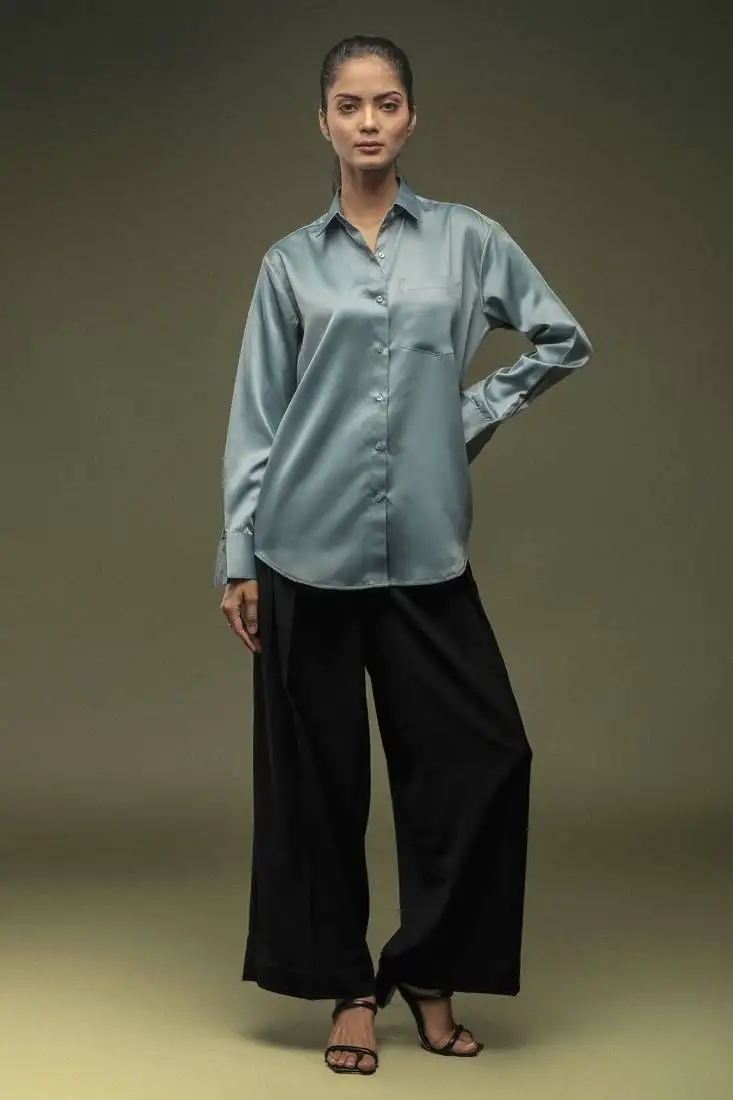 Teal blue satin shirt