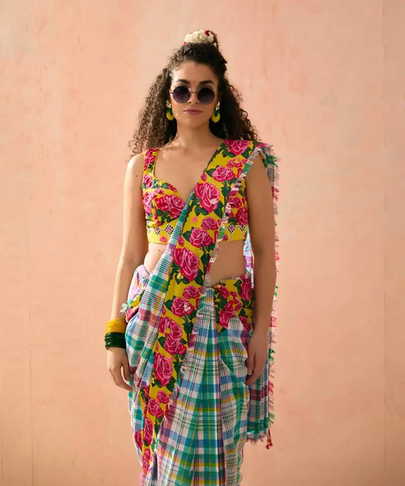 Multicolor floral printed cotton saree with blouse