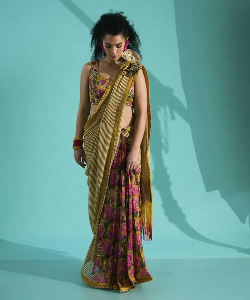 Multicolor georgette floral printed saree with embroidered blouse