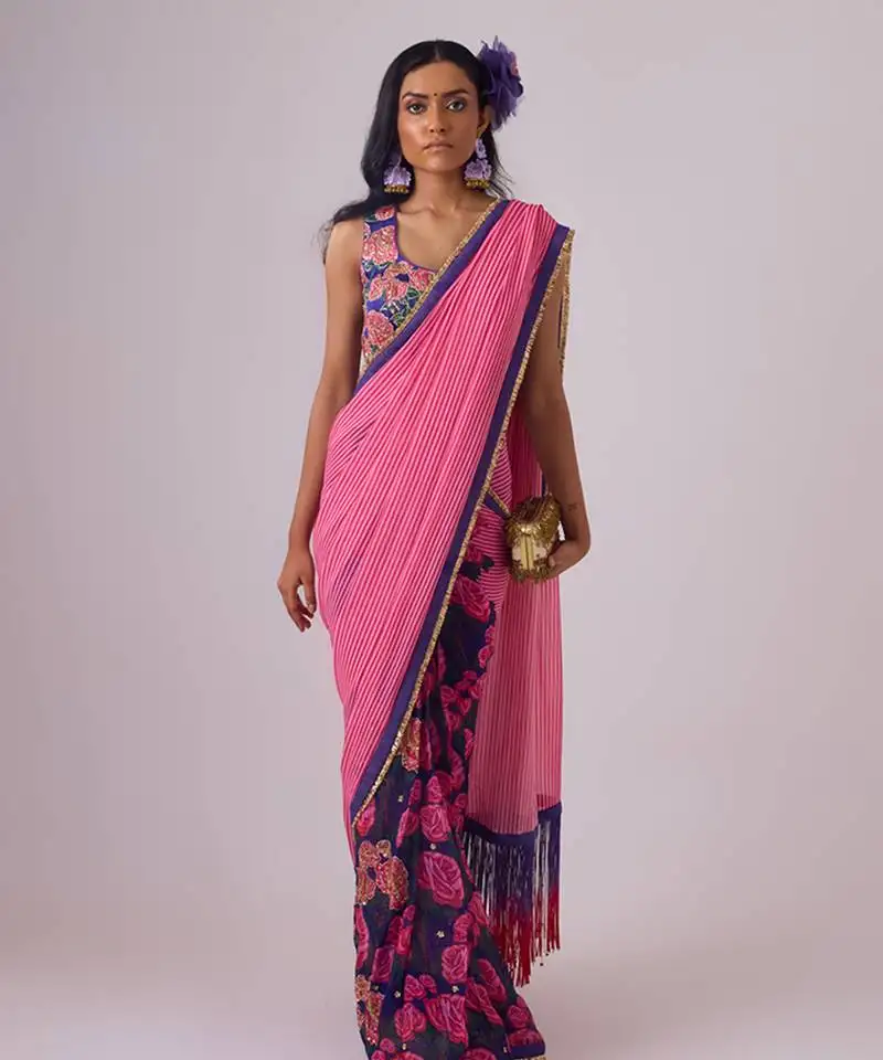 Pink georgette printed saree with embroidered blouse