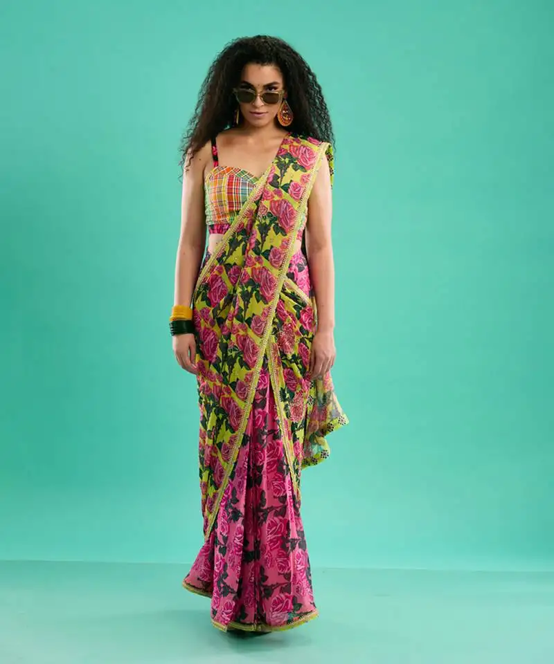 Multicolor floral printed georgette saree with check blouse