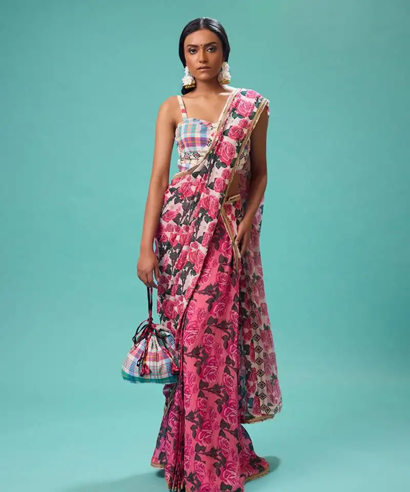 Pink floral printed georgette saree with check blouse