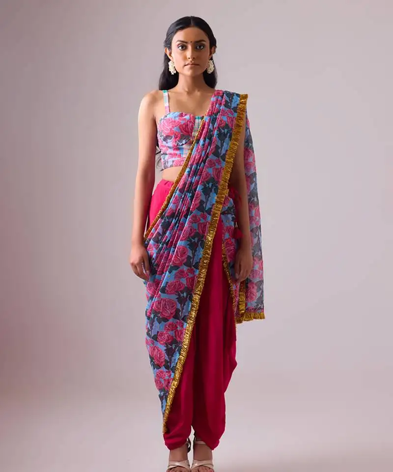 Multicolor floral printed kota saree paired with dhoti pant