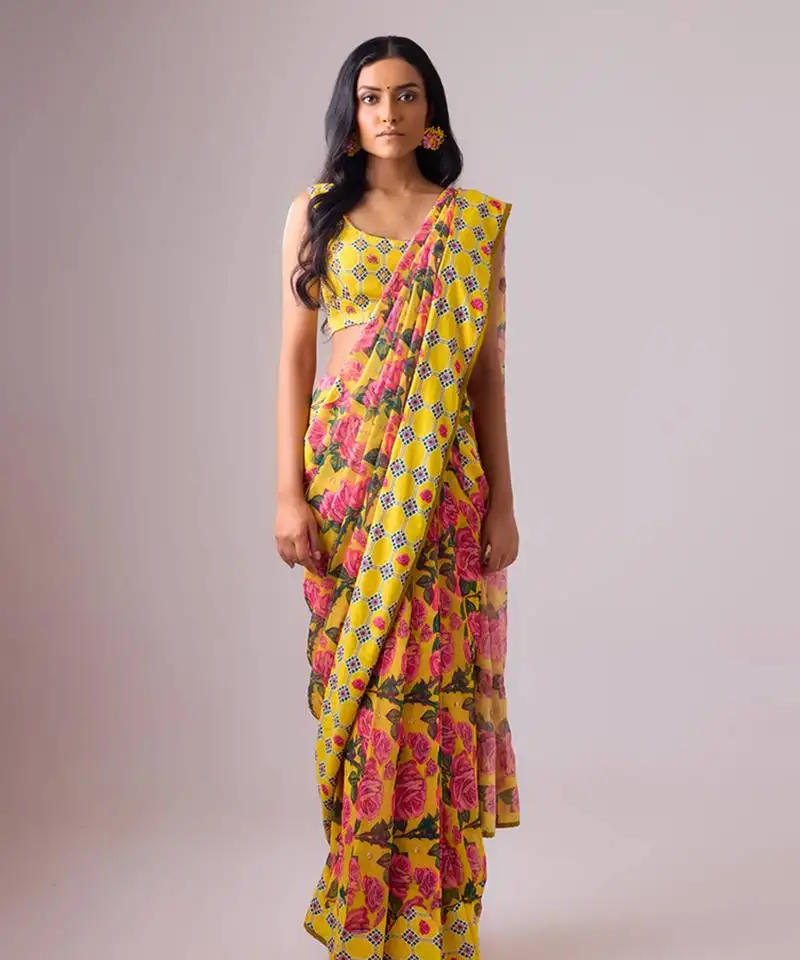 Yellow floral printed georgette saree with blouse