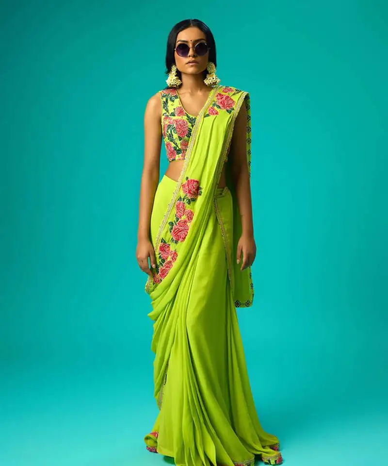 Green georgette plain saree with embroidered blouse