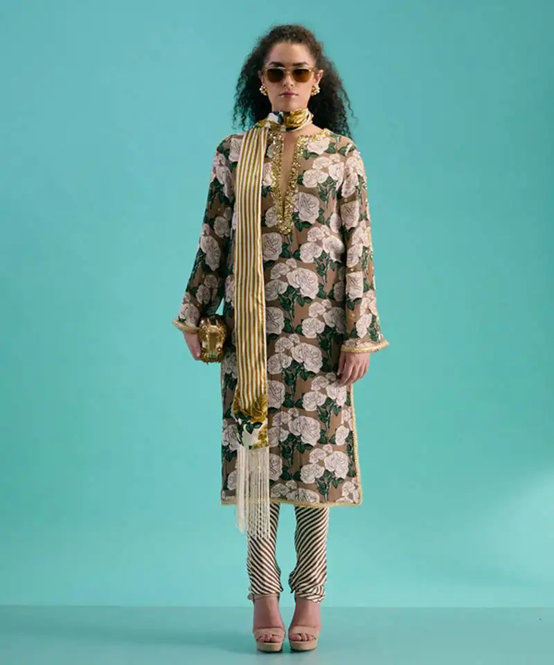 Coffee crepe silk floral printed kurta set