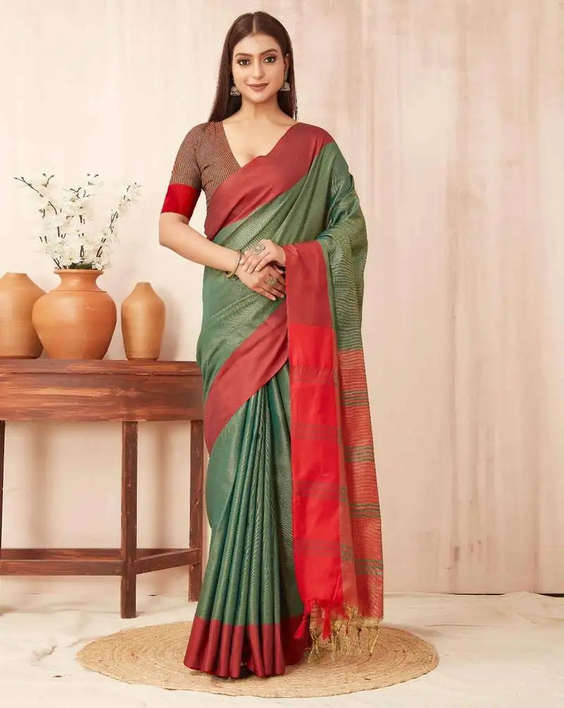 Teal silk blend saree with contrast blouse