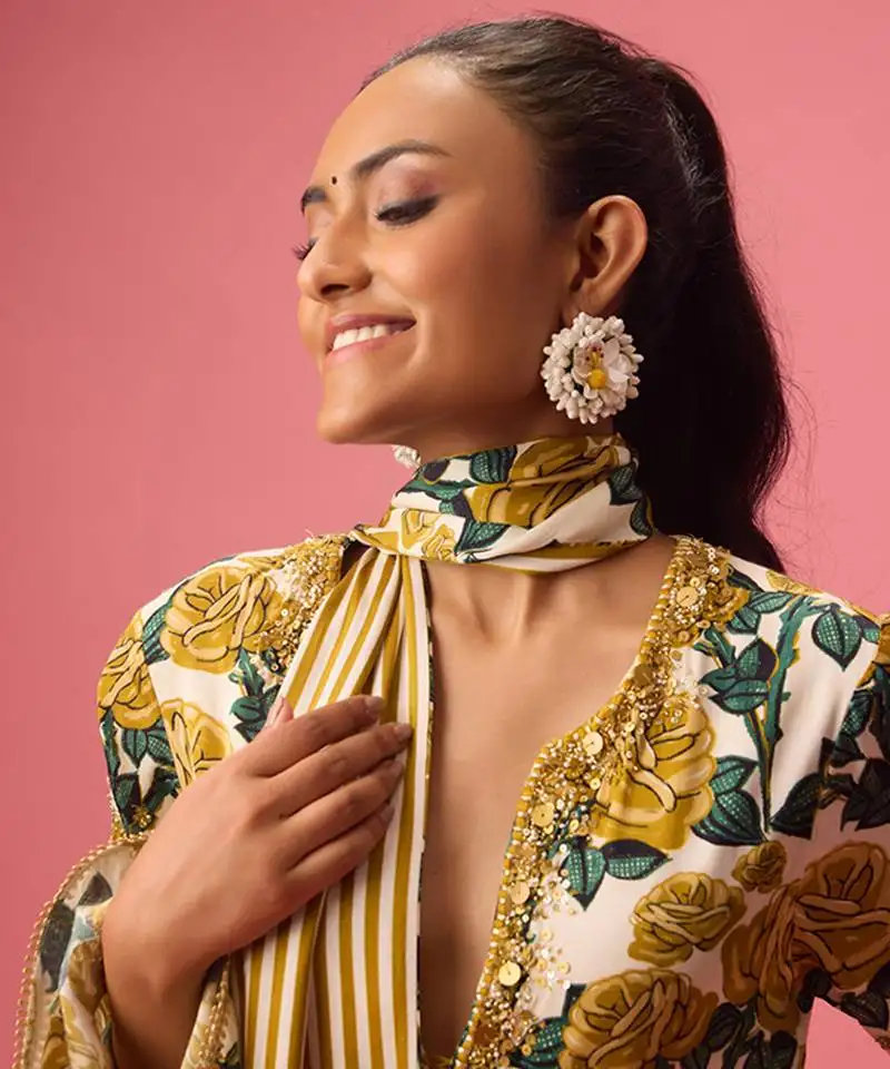 Multicolor silk satin floral printed kurta set