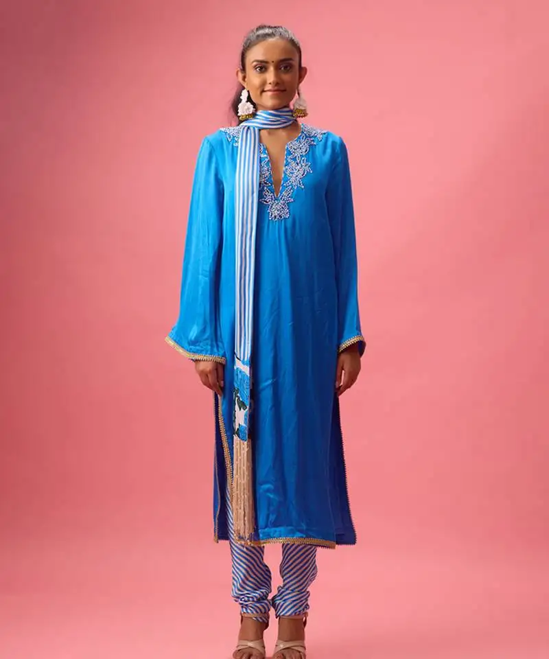 Blue silk satin plain kurta set