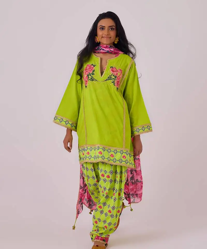 Lime cambric floral printed kurta set
