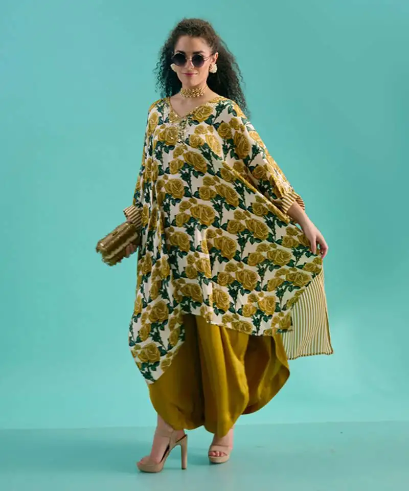 Green silk satin floral printed kaftan