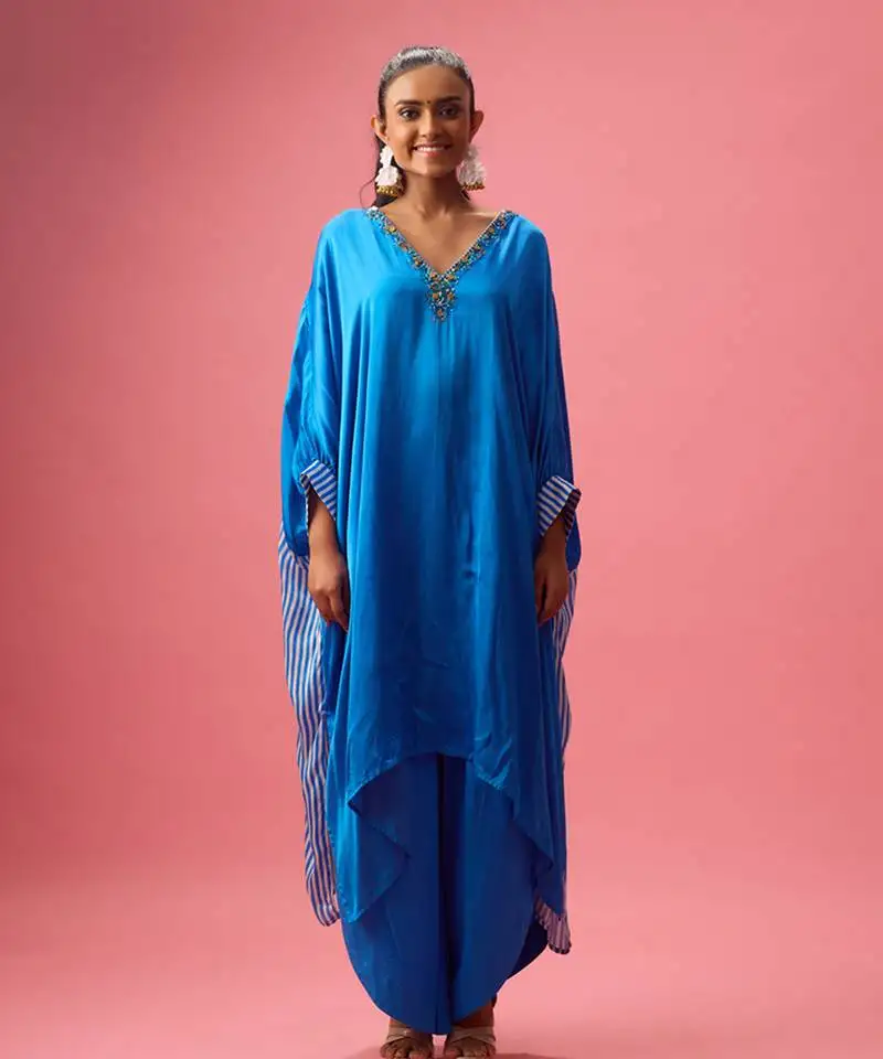 Blue silk satin plain kaftan