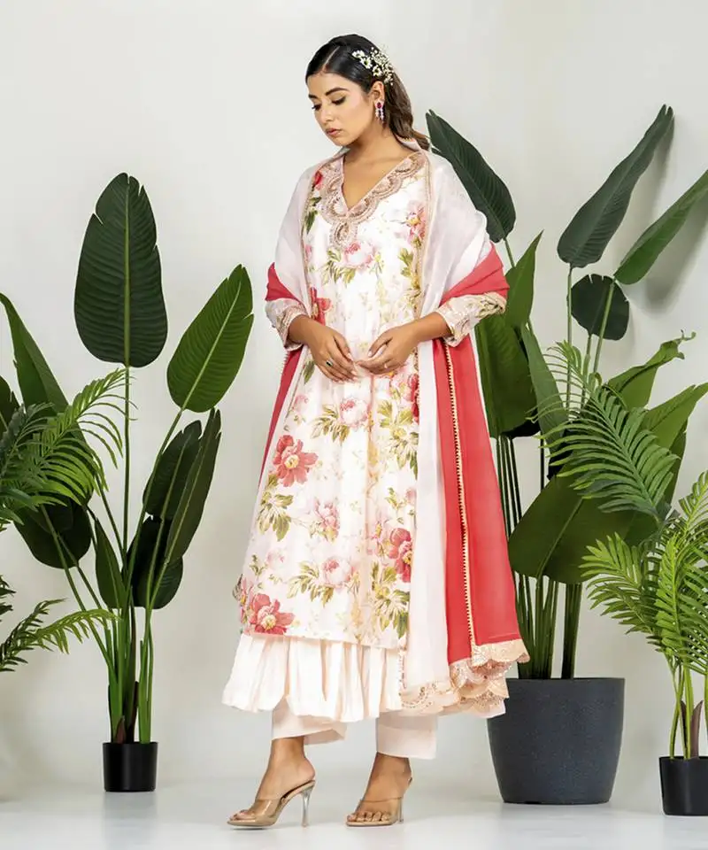 Multi color chanderi digital floral printed kurta set