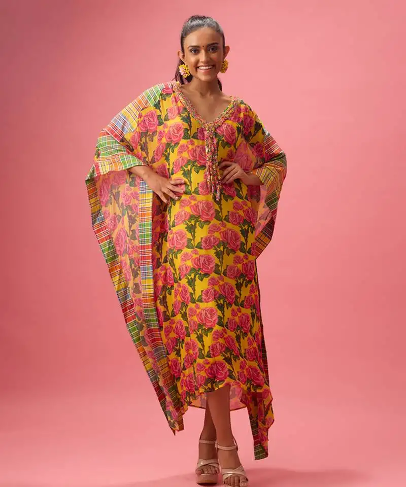 Yellow floral printed georgette kaftan