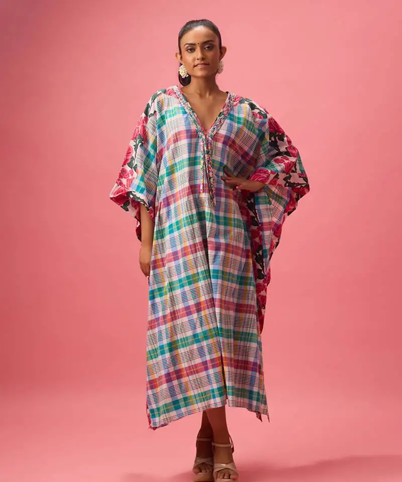 Blue cotton floral printed kaftan
