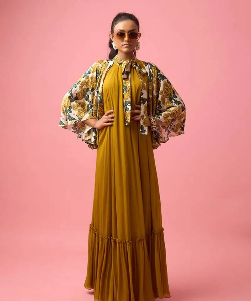 Mustard silk satin plain long dreess