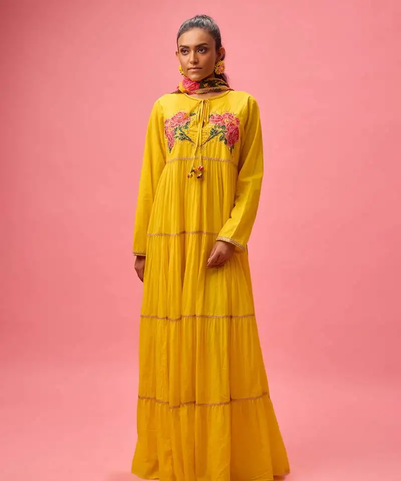 Yellow cotton floral embroidered kalidar paired with dupatta and churidar