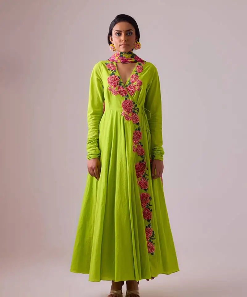 Lime cotton floral embroidered kalidar paired with dupatta and churidar
