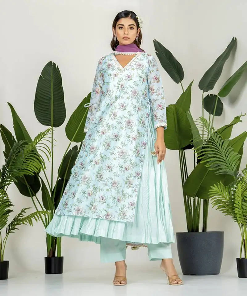 Blue chanderi digital floral printed kurta set